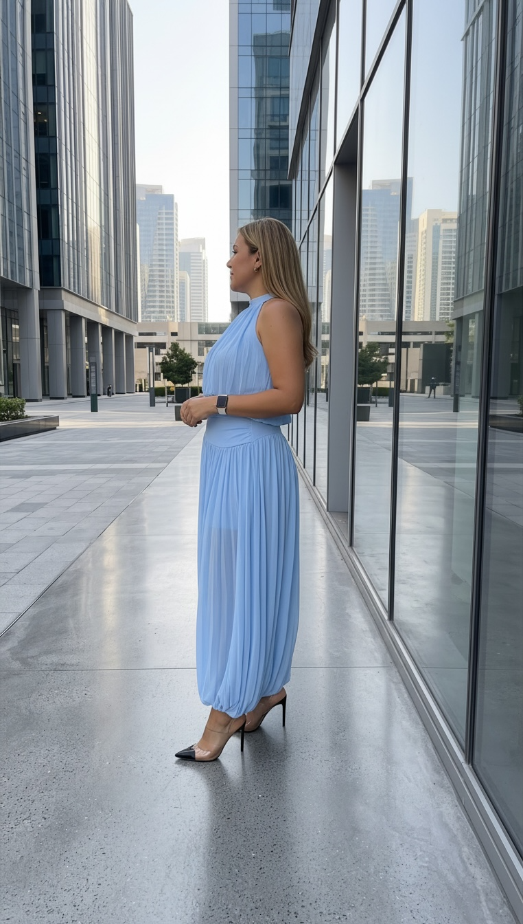 Conjunto Sky Blue Blusa Halter y Pantalón Corte Aladino